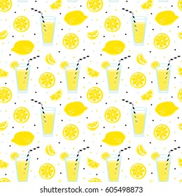 Lemonade seamless pattern with yellow lemons and glass with drinking straw,  sipper, bendie and black text and dots on white  background. Fresh.  Whole and parts, slice.