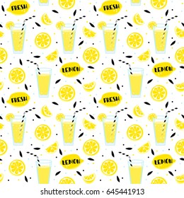 Lemonade seamless pattern with yellow lemons and glass with drinking straw,  sipper, bendie and black text and dots on white  background. Fresh.  Whole and parts, slice, leaves.