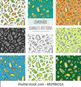 Lemonade seamless patterns. Lemon fruits and summer drinks vector set.