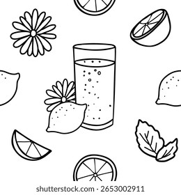 Lemonade seamless vector pattern with glass of drink, lemon, mint and daisy flower. Hand drawn Black and white Doodle illustration. For paper, menu, wall art prints.
