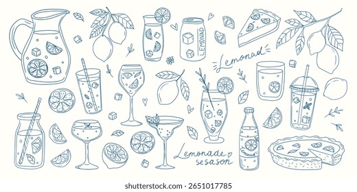 Temporada de limonada com várias bebidas e ilustrações com tema de limão em uma atmosfera alegre de verão