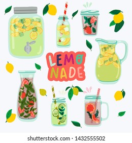 Lemonade series with flat style mason jars. Hand drawn glasses with natural cooling drinks made of lemons, grapefruits, strawberry, limes, mint leaves, rosemary, infused water and ice cubes. Vector