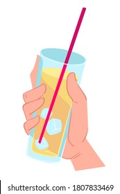Lemonade served with ice cubes, hand holding refreshing beverage. Drink made of fresh raw lemon juice and water. Juicy water with straw, delicious treatment organic product. Vector in flat style