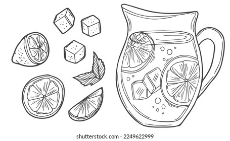 Lemonade set. Doodle on white silhouette and gray shadow. Hand drawn cartoon abstract style. Vector illustration for decorate and any design.