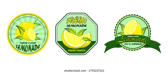 Lemonade set for label design. Lemonade badges set. Lemon syrup, fresh lemonades emblems and lemons fruits. 