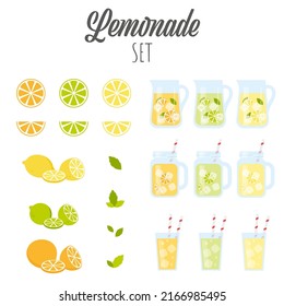 Lemonade set. set of refreshment drinks, citrus and mint. Vector illustration. flat style.