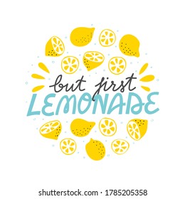 Lemonade sign. Fresh lemon summer lettering with bubbles, lemons, halves and slices. Refreshing round logo for beverage stand. Cold sparkling drink flat hand drawn print.