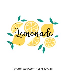 Lemonade sign with lemon illustrtions. Hand drawn vector lemonade emblem isolated on white background.