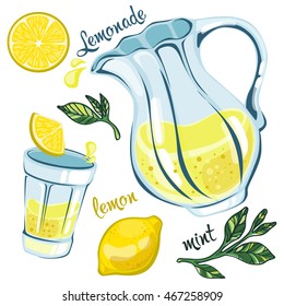 Lemonade. Soft drink. Lemon, mint. Vector.