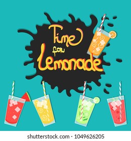 Lemonade splashes in glasses, colorful template for summer banner or design, lemonade with lemon, orange, watermelon, strawberry, lime, sketch of design with handwritten inscription, summer vector 