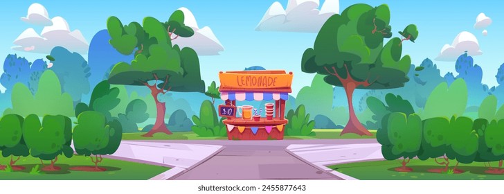 Lemonade stall in summer park. Vector cartoon illustration of cold beverage shop with glass jar, paper cups and straws, public garden with green bushes, trees and lawn, clouds in blue sunny sky