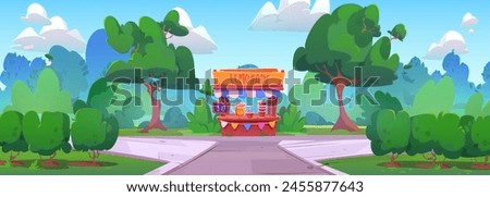 Lemonade stall in summer park. Vector cartoon illustration of cold beverage shop with glass jar, paper cups and straws, public garden with green bushes, trees and lawn, clouds in blue sunny sky