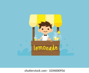 lemonade stand with a  budding business boy. Funny children illustration 100% vector layered