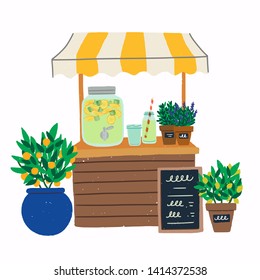 Lemonade stand with citrus trees in pots illustration. Flat style image of cooling beverage pitcher with menu chalkboard, jar, glasses and plants. Refreshing drink stand for hot summer days. Vector