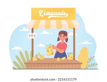 Concepto de stand de lamonada. La niña ofrece bebidas frías en temporada de verano y en tiempo caluroso. El propietario de un pequeño negocio. Afiche o cartel para el sitio web. Vendedoras al aire libre. Dibujo vectorial plano de dibujos animados