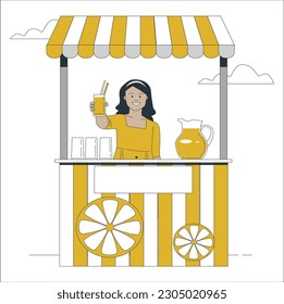 Lemonade stand concept. Young girl offers cold drinks in hot weather and summer season. Small business owner. Female seller outdoor. Cartoon flat vector illustration