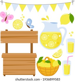 Lemonade stand and lemon juice set. Vector illustration