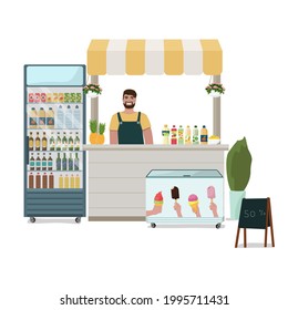 A lemonade stand and a refrigerator with ice cream. Summer street trade in cold drinks and ice cream.   Vector illustration.
