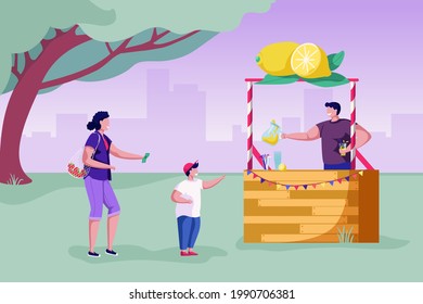 Lemonade stand selling fresh cold lemon juice in jug. Mother with child buying natural drink. First small business. Colorful vector illustration. Cartoon style 