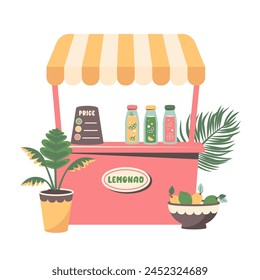 Lemonade stand. Set of tasty cool citrus juicy with various flavor. Lemonade bottles, bowl with lemons, menu, tropical leaves. Lemonade truck. Vector illustration for party, bbg, summer holiday