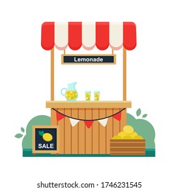 Lemonade stand. Sign for the sale of lemons. Summer cool drinks. Start-up business. Children's vector illustration.