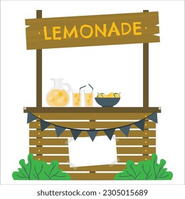 Puesto de lamonada. Cartel para la venta de limones. Bebidas frescas de verano. Emprender un negocio. la limonada está formada por textos con subtítulos y arbustos de cítricos de estilo plano en macetas de flores, tarros de albañilería con bebidas refrescantes.