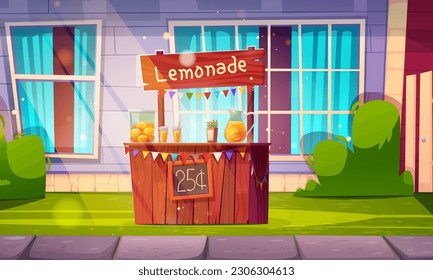 Lemonade stand, stall for sale lemon juice. Summer landscape of garden or backyard with market shop with fruits, glass jar with drink, straws and wooden signboard, vector cartoon illustration