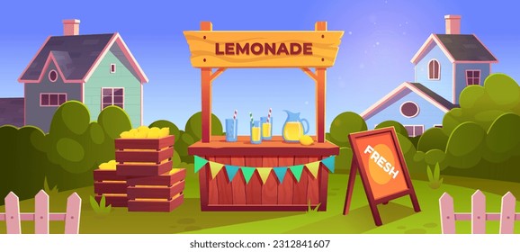 Lemonade stand vector shop with lemon fruit sale. Market wood stall for sell juice drink from jar in backyard garden with table. Local child entrepreneur fresh cocktail business in summer village.