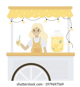 Lemonade stands flat style citrus bushes. Street drink truck. Refreshing drinks.