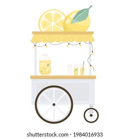 Lemonade se erige en arbustos de cítricos de estilo plano. Camión de bebidas de la calle. Bebidas refrescantes. Caricaturas dibujadas a mano de vendedores ambulantes de bebidas refrescantes.