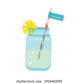 Lemonade with a straw in a glass jar on a white background is an isolated design element. Vector illustration.