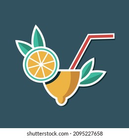 Lemonade with a straw and a slice of lemon. Refreshing drink icon, sticker
