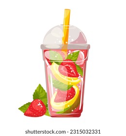Lemonade with strawberries.Summer cold drink, cocktail with strawberries, mint and ice in a plastic cup.Vector illustration.