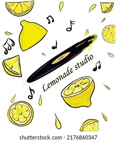 LEMONADE STUDIO. la ilustración muestra un vinilo, registro de limones de corte. Trozos y rodajas de limón alrededor, gotas de jugo y notas musicales vuelan