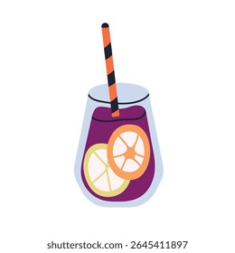 Lemonade, summer cocktail in glass with straw. Refreshing cold fruit drink. Cool beverage with citrus pieces. Sweet fruity mocktail, berry juice. Flat vector illustration isolated on white background