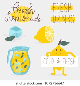 Lemonade summer lettering set with cute holiday elements. Lemonade, lemon, ice. Typographic design Vector illustration.