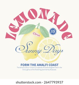 Lemonade sunny days slogan vector graphics. retro vintage fruit print design. Citrus t-shirt design. women's girls graphic tee print. lemon fruit print graphic
