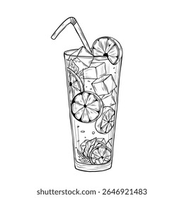  Lemonade in a tall glass with ice cubes, lemon slices, mint leaves, and a straw.  Lemonade line art .Hand-drawn citrus summer drink perfect for menu design, packaging, posters, and coloring books.
