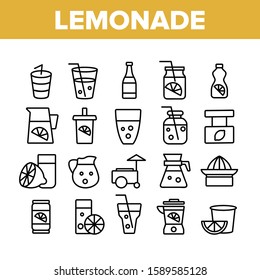 Lemonade Tasty Drink Collection Icons Set Vector Thin Line. Lemonade In Glass With Tube And In Bottle, Juicer And Lemon Sliced Piece Concept Linear Pictograms. Monochrome Contour Illustrations