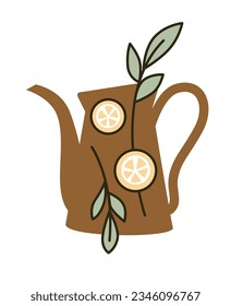 Lemonade or tea in teapot, isolated warm beverage with orange or lemon slices, leaves of mint, branches and delicious taste. Aromatic drink for summer, cafe or restaurant. Vector in flat style