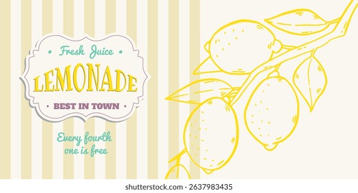 Lemonade Trendy horizontal poster, banner. Design template with hand drawn illustration in doodle style. Lemon drink concept with slogan and menu. Background for branding, AD, social media post