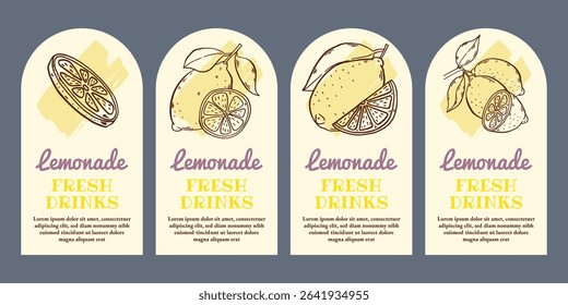 Lemonade Trendy labels set. Tag Design template with hand drawn illustration in doodle style. Lemon drink concept with text. Background for branding, AD, package.