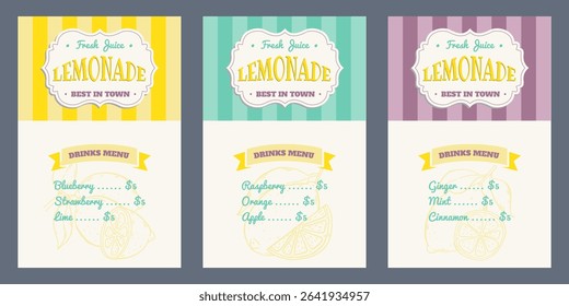 Lemonade Trendy menu set. Design template with hand drawn illustration in doodle style. Lemon drink concept with slogan and price. Background for branding, AD