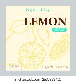 Lemonade Trendy square poster, banner. Design template with hand drawn illustration of lemons in doodle style. Lemon juice drink concept with slogan and menu. Background for branding, AD.