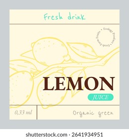 Lemonade Trendy square poster, banner. Design template with hand drawn illustration of lemons in doodle style. Lemon juice drink concept with slogan and menu. Background for branding, AD.