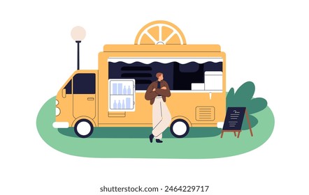 Lemonade truck, mobile street food and drink cafe. Van with soda beverages. Outdoor bar in caravan vehicle, wheeled auto with window counter. Flat vector illustration isolated on white background