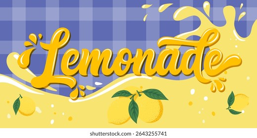 Lemonade typography design with yellow hand-lettered text on a white background. Vector illustration for summer drinks, fresh juice labels, posters, and logos. Vector EPS10
