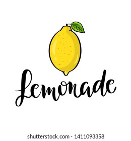 Lemonade vector hand drawn lettering. Black letters on white background with lemon fruit, tag clipart. Handwritten cursive phrase for postcard, logo, lable, greeting card design element