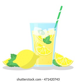 Lemonade vector icon. Vector image of lemon smoothie in a glass with a straw. 