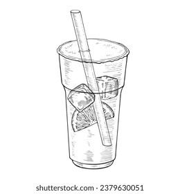 Lemonade Vector illustration. Hand drawn graphic clipart on white isolated background. Linear drawing of cold soda drink. Outline sketch of lemon water. Black line art of iced tea